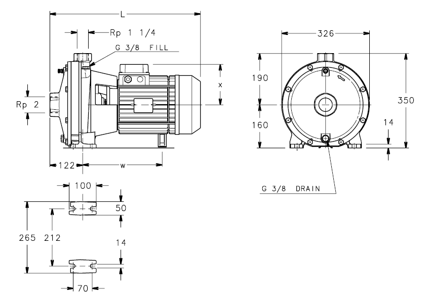 Габаритные размеры насоса Lowara 2FHE 32-250/55/P артикул: 101390090