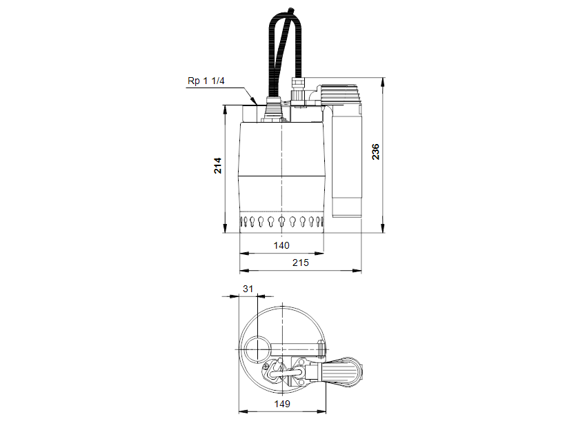 Габаритные размеры насоса Grundfos Unilift KP 250 AV1 1x220-230V 50Hz 10mSCH артикул: 012H1900