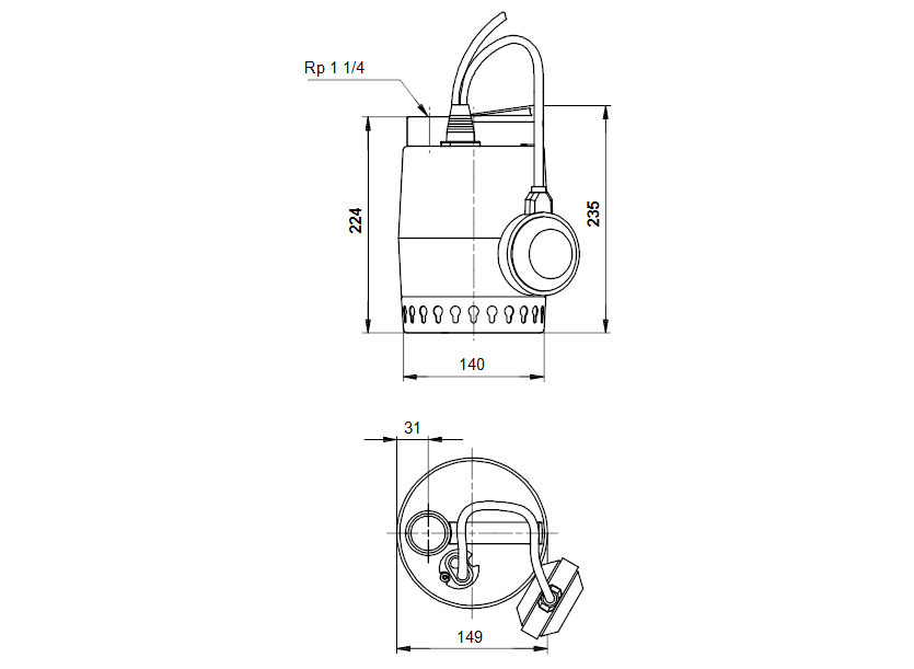 Габаритные размеры насоса Grundfos Unilift KP 350 A1 1x220-230V 50Hz 10mSCH артикул: 013N1800
