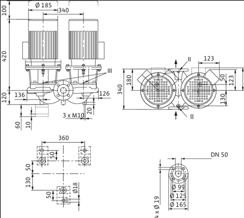 Габаритные размеры насоса Wilo DL 50/150-0,55/4 артикул: 2089253()