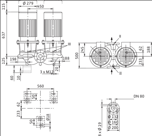 Габаритные размеры насоса Wilo DL 80/270-5,5/4 артикул: 2120968((2089285))