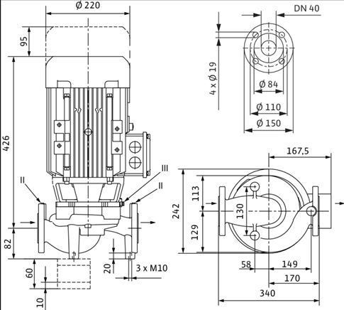 Габаритные размеры насоса Wilo IPL 40/165-4/2 артикул: 2121205((2089590))