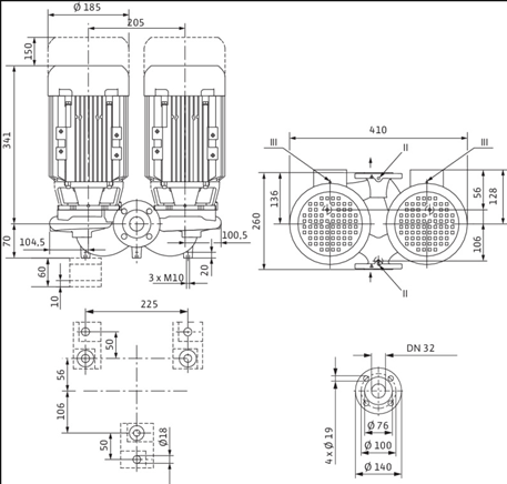 Габаритные размеры насоса Wilo DPL 32/135-1,1/2 артикул: 2121241((2150369))