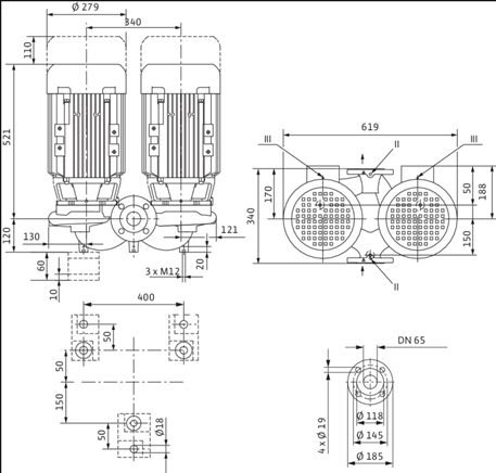 Габаритные размеры насоса Wilo DPL 65/155-5,5/2 артикул: 2121266((2089666))
