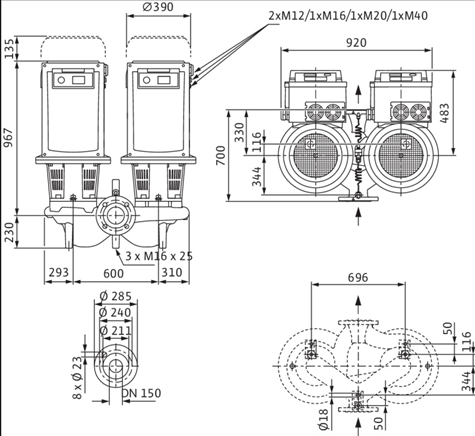 Габаритные размеры насоса Wilo DL-E 150/270-22/4 артикул: 2153825((2144414))