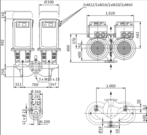 Габаритные размеры насоса Wilo DL-E 200/260-22/4 артикул: 2153828((2144417))
