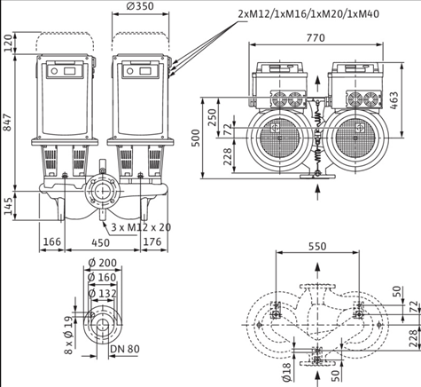 Габаритные размеры насоса Wilo DL-E 80/200-22/2-R1 артикул: 2153885((2114690))