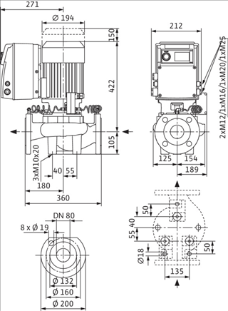 Габаритные размеры насоса Wilo IP-E 80/105-3/2 артикул: 2158829((2133263))