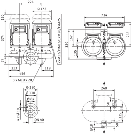 Габаритные размеры насоса Wilo DP-E 40/120-1,5/2 артикул: 2158942((2109781))