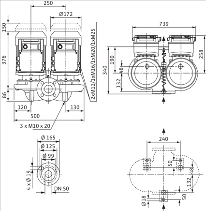 Габаритные размеры насоса Wilo DP-E 50/130-2,2/2-R1 артикул: 2159010((2144405))