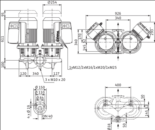 Габаритные размеры насоса Wilo DL-E 40/170-5,5/2 артикул: 2159410((2106640))