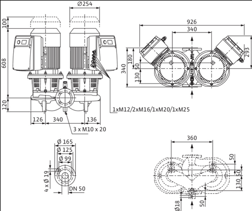 Габаритные размеры насоса Wilo DL-E 50/170-7,5/2-R1 артикул: 2159461((2144419))