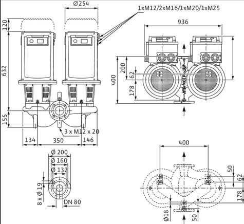Габаритные размеры насоса Wilo DL-E 80/130-5,5/2-R1 артикул: 2159465((2106722))