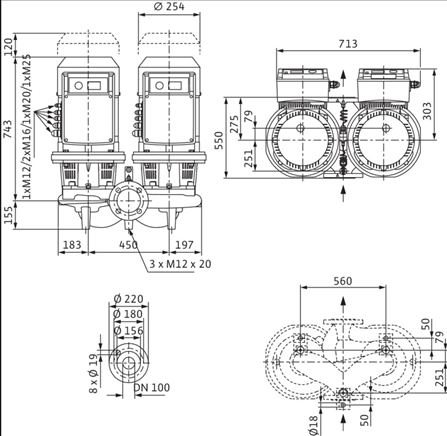 Габаритные размеры насоса Wilo DL-E 100/220-5,5/4-R1 артикул: 2159468((2115563))