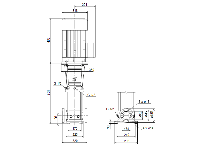 Габаритные размеры насоса Grundfos CR 32-6 XK-F-A-E-HQQE артикул: 29Z09006