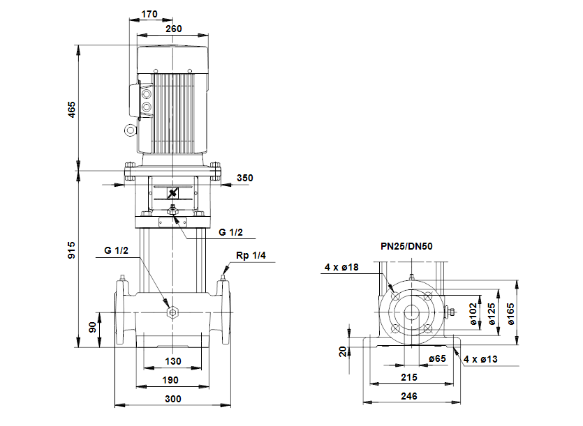 Габаритные размеры насоса Grundfos CR 16-120 A-F-A-AUUE артикул: 33507112 Габаритные размеры насоса Grundfos CR 16-120 A-F-A-AUUE артикул: 33507112