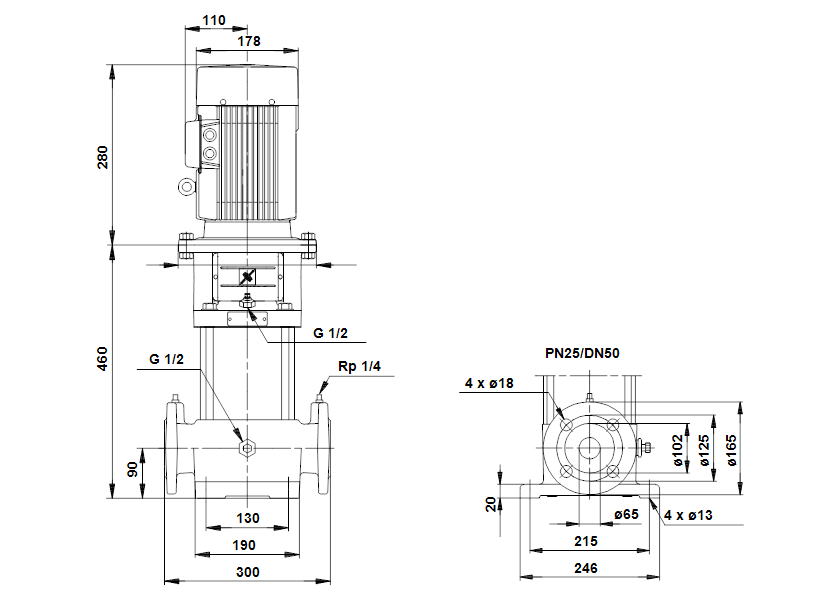 Габаритные размеры насоса Grundfos CR 16-30/2 A-F-A-BUBE артикул: 33507202 Габаритные размеры насоса Grundfos CR 16-30/2 A-F-A-BUBE артикул: 33507202
