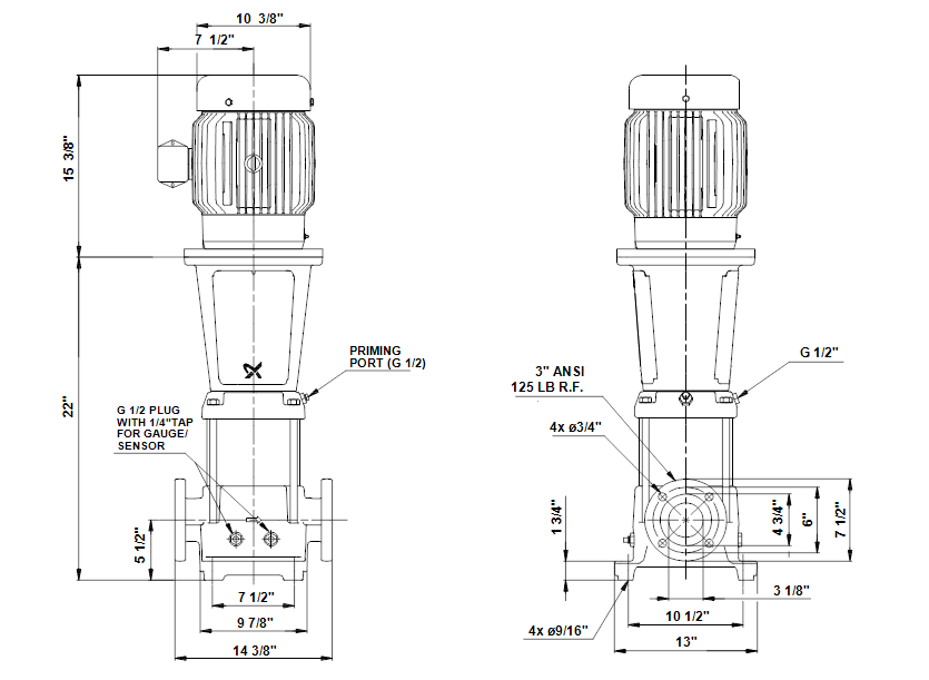 Габаритные размеры насоса Grundfos CR 45-1 U-G-A-E-KUBE артикул: 35Z53026
