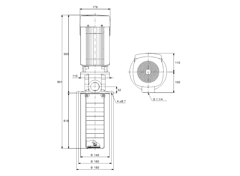 Габаритные размеры насоса Grundfos SPK 8-9/5 A-W-A-AUUV артикул: 39NR3665
