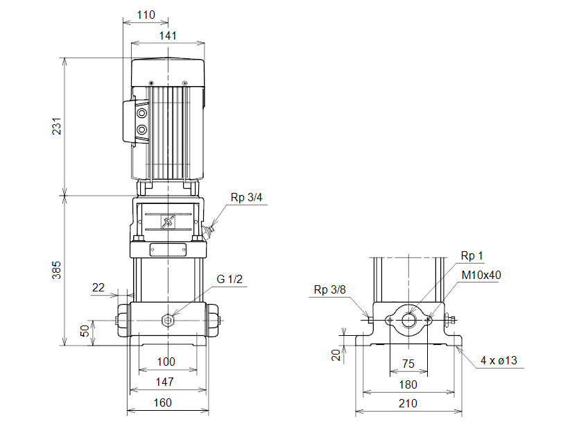 Габаритные размеры насоса Grundfos CR 2-110 A-A-K-BUBE артикул: 40517111 Габаритные размеры насоса Grundfos CR 2-110 A-A-K-BUBE артикул: 40517111
