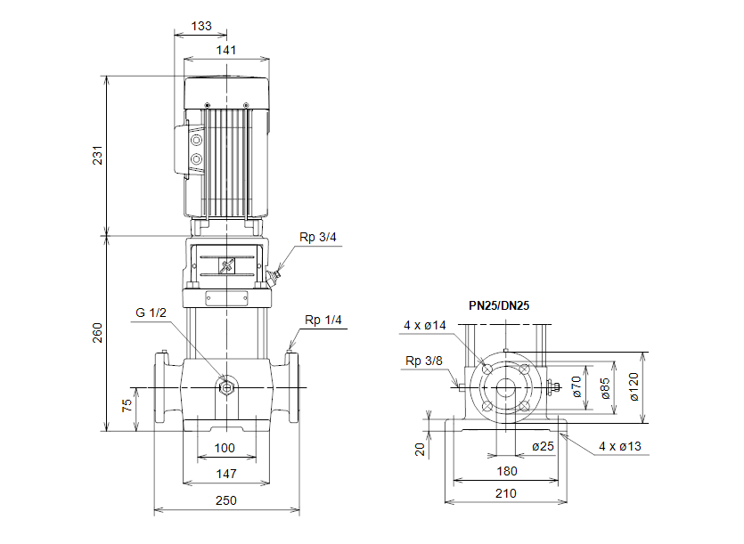 Габаритные размеры насоса Grundfos CR 2-30 A-F-A-BUBE артикул: 40535563