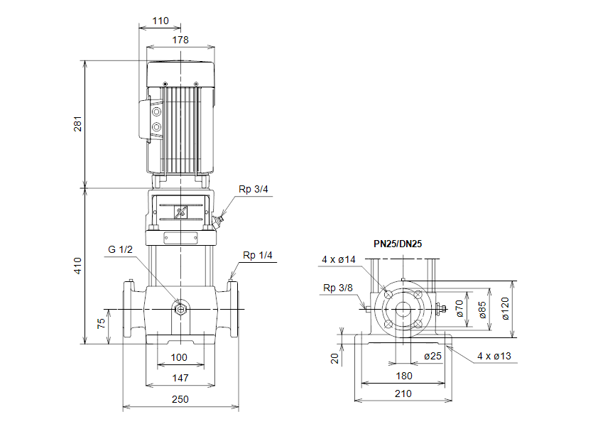Габаритные размеры насоса Grundfos CR 2-110 A-F-A-BUBE артикул: 40537071
