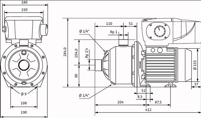 Габаритные размеры насоса Wilo MHIE 402N-1/E/3-2-2G артикул: 4073103()