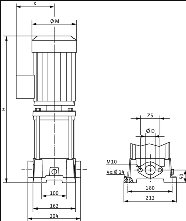 Габаритные размеры насоса Wilo MVIL 308-16/E/1-230-50-2 артикул: 4087825()