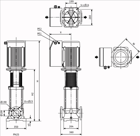 Габаритные размеры насоса Grundfos MVIE 9501/1-3/25/E/3-2-2G артикул: 4122326