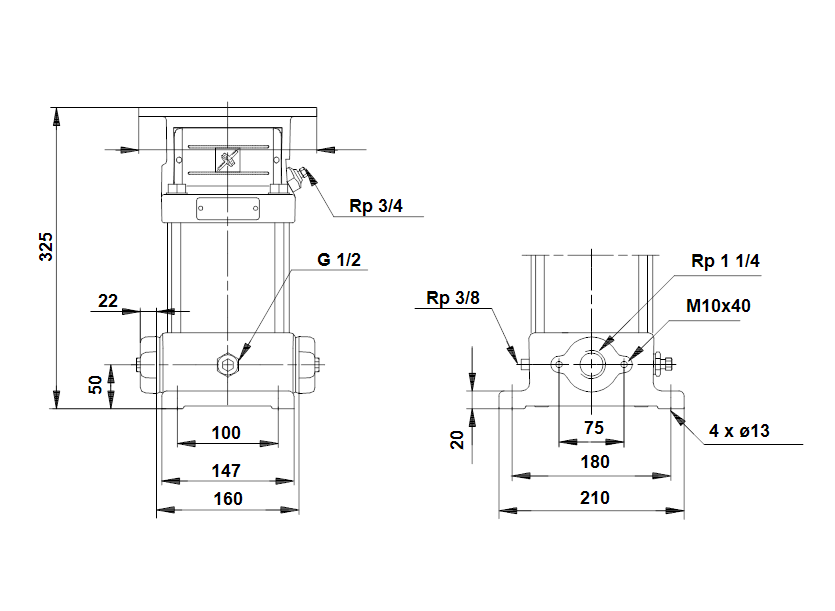 Габаритные размеры насоса Grundfos CR 4-50 A-A-A-BUBE артикул: 41500005