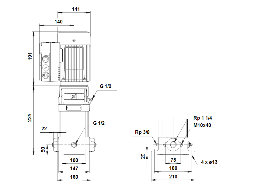 Габаритные размеры насоса Grundfos CRE 4-20 A-A-A-BUBE артикул: 41505602