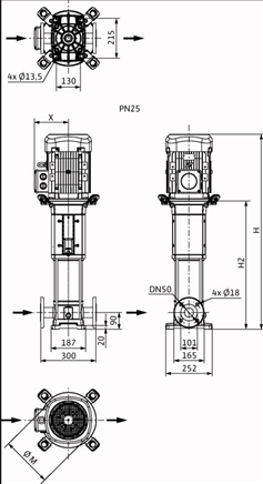 Габаритные размеры насоса Wilo HELIX V 1607-2/25/V/KS/400-50 артикул: 4150666()