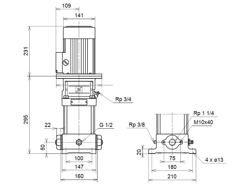Габаритные размеры насоса Grundfos CR 4-40 A-A-A-BUBE артикул: 41507104