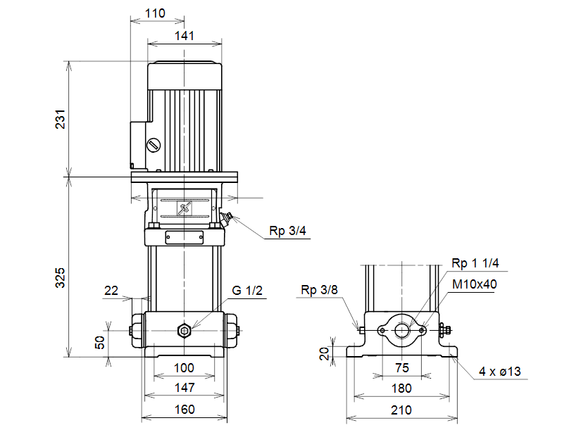 Габаритные размеры насоса Grundfos CR 4-50 A-A-A-BUBE артикул: 41507105 Габаритные размеры насоса Grundfos CR 4-50 A-A-A-BUBE артикул: 41507105