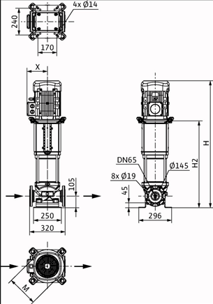 Габаритные размеры насоса Wilo HELIX V 3602/2-2/16/V/KS/400-50 артикул: 4150746()