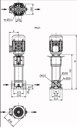 Габаритные размеры насоса Wilo HELIX V 621-2/25/V/KS/400-50 артикул: 4156080()
