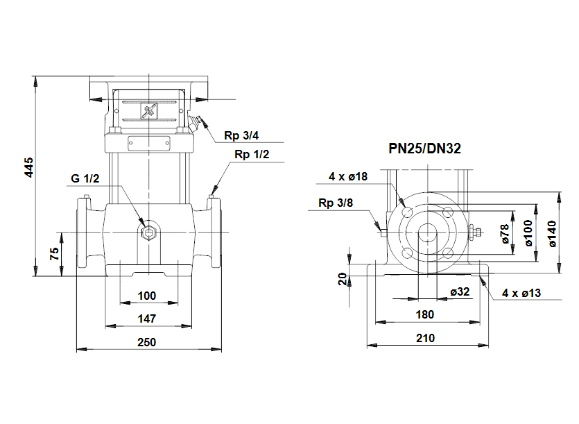 Габаритные размеры насоса Grundfos CR 4-80/7 A-F-A-BUBV артикул: 41590067