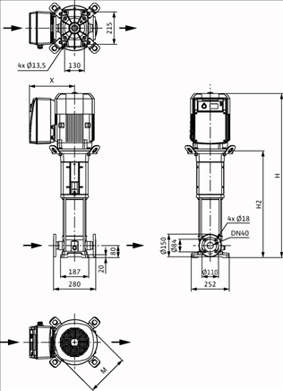 Габаритные размеры насоса Wilo HELIX VE 1012-2/25/V/KS артикул: 4161320()