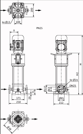 Габаритные размеры насоса Wilo HELIX V 210-2/25/V/KS/400-50 артикул: 4161743()