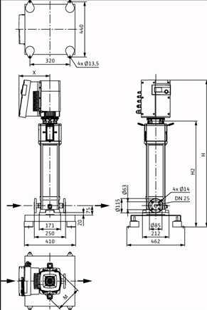 Габаритные размеры насоса Wilo HELIX EXCEL 410-1/25/E/KS артикул: 4162536()