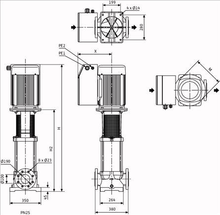 Габаритные размеры насоса Grundfos MVIE 7004/2-3/25/E/3-2-2G артикул: 4166161