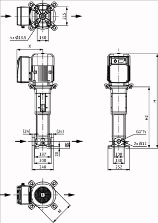 Габаритные размеры насоса Wilo HELIX VE 1001-1/16/E/KS артикул: 4171628()