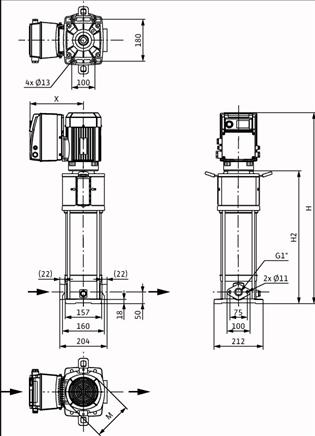 Габаритные размеры насоса Wilo HELIX VE 211-1/16/E/KS артикул: 4171752()