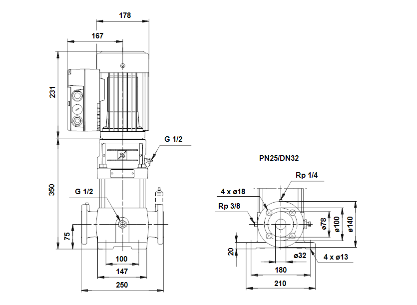 Габаритные размеры насоса Grundfos CRE 4-60 A-F-A-AUUV артикул: 41785606