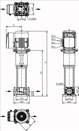 Габаритные размеры насоса Wilo HELIX VE 3602-5,5-1/16/E/KS артикул: 4198861()
