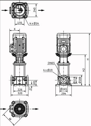Габаритные размеры насоса Wilo HELIX FIRST V 3607/2-5/25/E/KS/400-50 артикул: 4200593