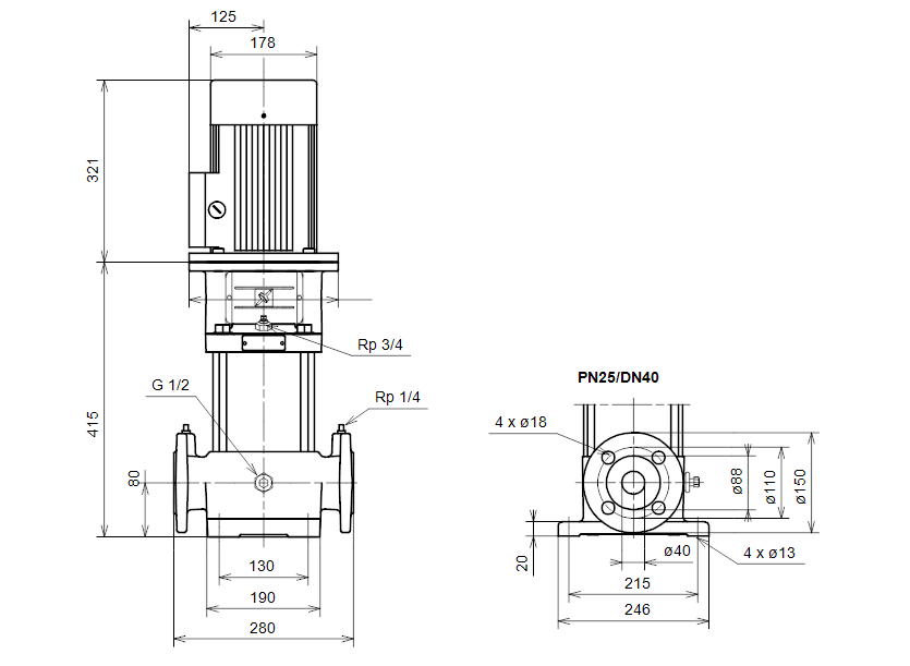 Габаритные размеры насоса Grundfos CR 8-40 A-F-A-BUBE артикул: 42535204
