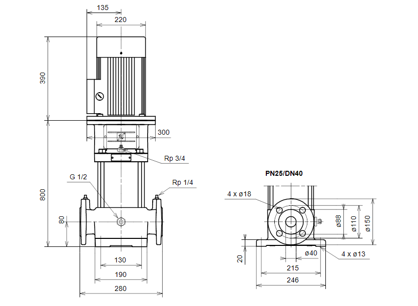Габаритные размеры насоса Grundfos CR 8-160 A-F-A-AUUE артикул: 42537116