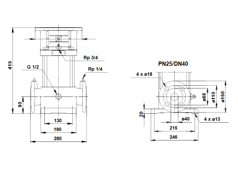 Габаритные размеры насоса Grundfos CR 8-40 A-F-A-BUBV артикул: 42590004