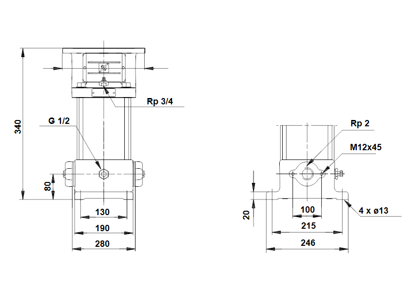 Габаритные размеры насоса Grundfos CR 8-20 A-N-A-BUBV артикул: 42680002